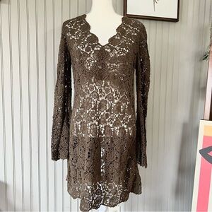 Diane Von Furstenberg Olive Green Lace Crochet Bell Sleeve Mini Dress Cover Up